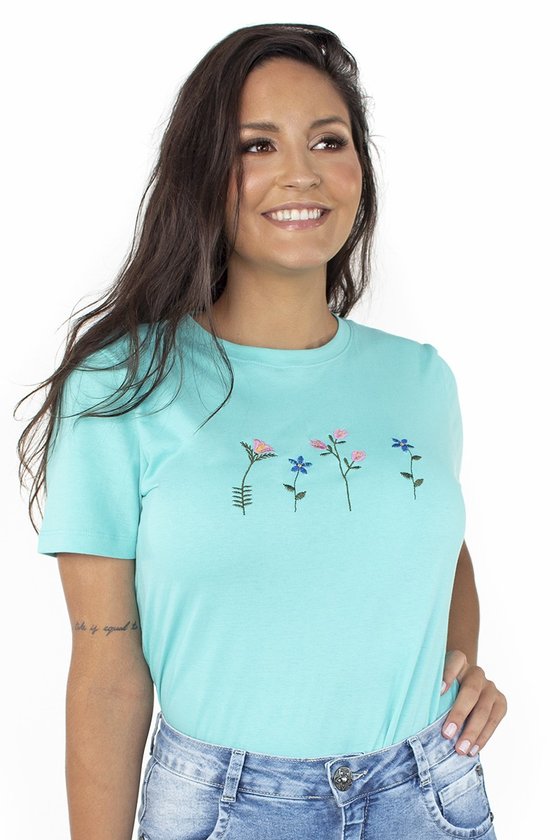 44212104498 T-shirt Feminina Flowers Minimalista Verde Água (Frente 2)