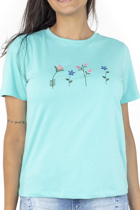 44212104498 T-shirt Feminina Flowers Minimalista Verde Água (Frente 1)
