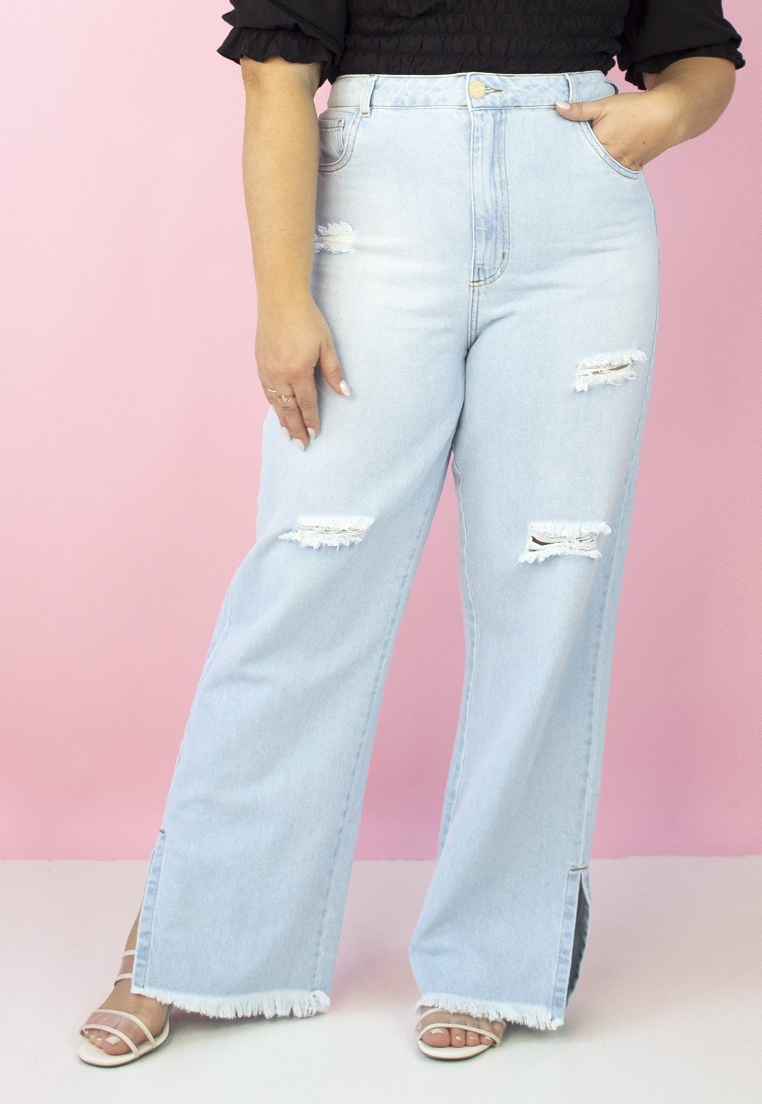 Calça Wide Jeans com Fenda Plus Size