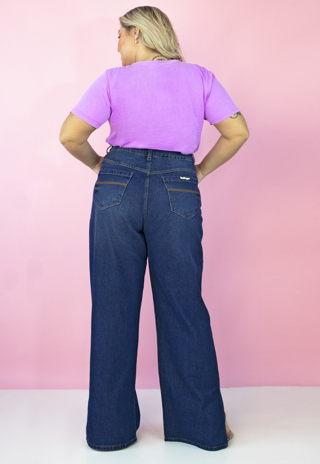 Calça Wide Leg Jeans com Fenda Plus Size Lyz