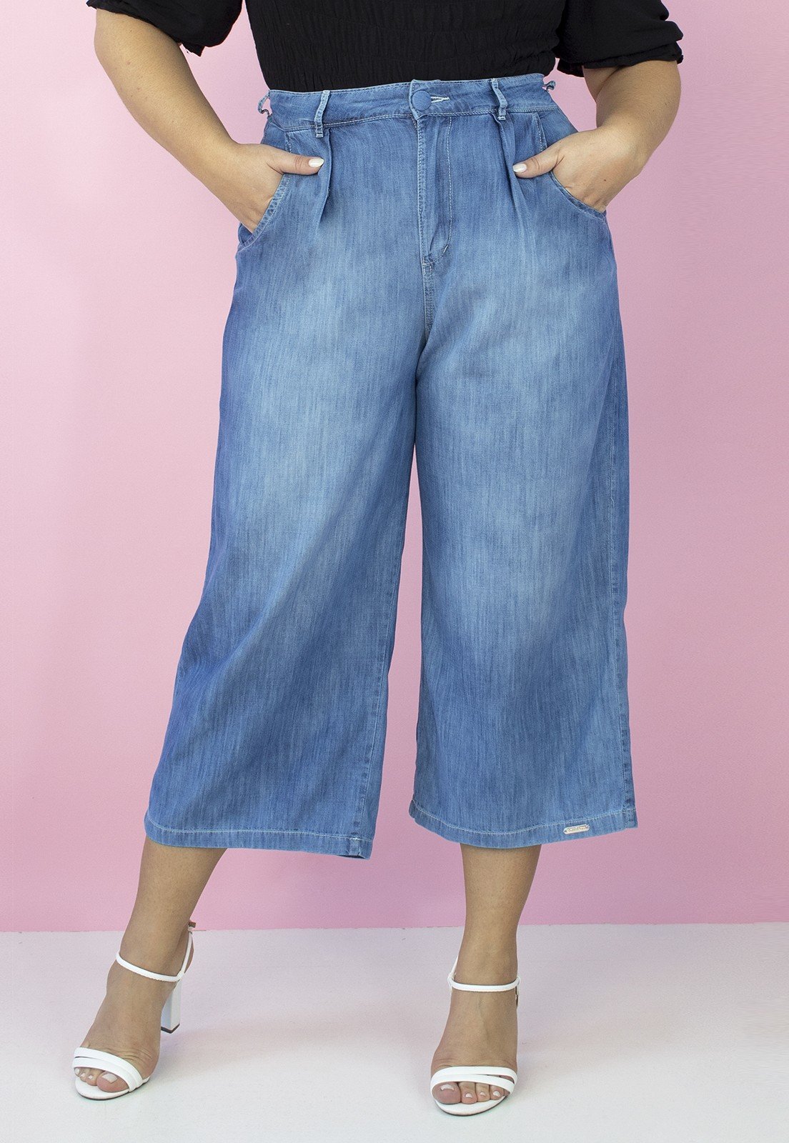 Pantacourt Jeans Plus Size Bolso Faca Clarice