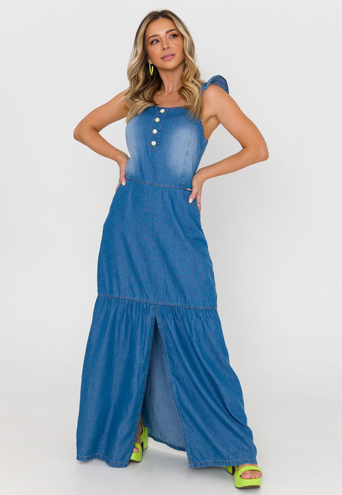 ブルースウェーバー O RIO DE  JANEIRO Vestido Jeans Jabor com Fenda Frotal