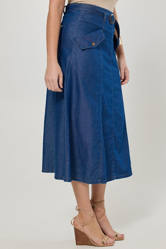 10 saia midi jeans com bolsos e cinto g1