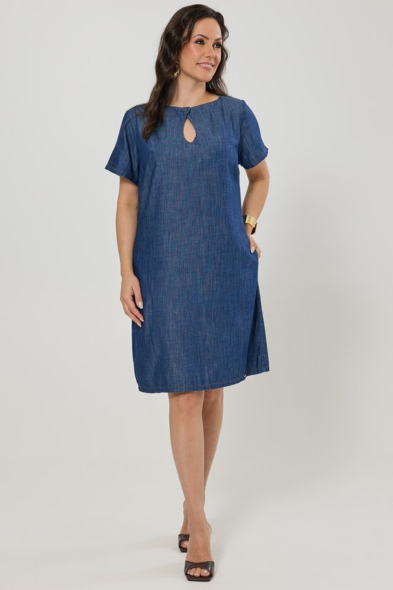 01 vestido jeans curto recorte gota no decote g